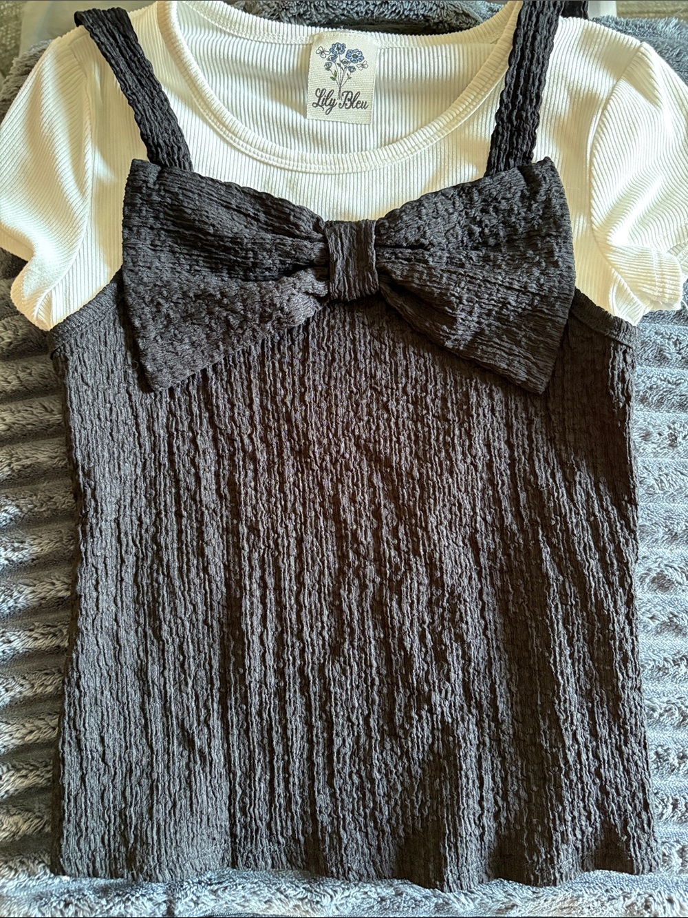 Lily Bleu Black Textured Bow Cami Set with Cream Ribbed Tee
